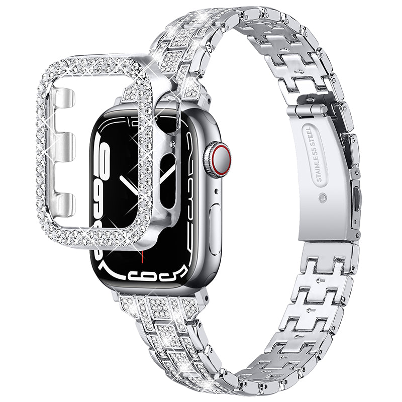 For Apple Watch Series 7 41mm 5 Rows Stainless Steel Rhinestone Decor Dual-layer Clasp Watch Band + PC Watch Case For Apple Watch Series 7 41mm 5 Rows Stainless Steel Rhinestone Decor Dual-layer Clasp Watch Band + PC Watch Case